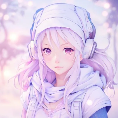 a girl,headphone,winterblueher,listening to music,winter background,white with purple,light purple,headphones,white purple,winter hat,purple-white,lilac,headset,pale purple,winter clothing,mauve,viole