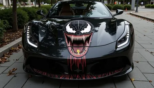 a sport car parked on the side of a street,venom,bedevil,venomously,venomous,roaring,snarly,scud,razorback,open hunting car,sinister,corvette stingray,aggressive,viper,black beetle,black dragon,corvet