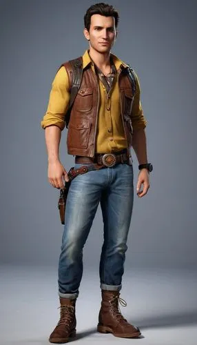 Character Design,the man is dressed in brown vest and cowboy boots,male character,woody,ken,action figure,sheriff,game figure,scout,marshal,frontiersman,game character,boots turned backwards,solo,main