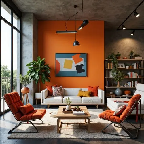 Vibrant living room, bold color palette, geometric patterns, modernist furniture, tubular steel chairs, minimalist coffee tables, woven textiles, chunky throw blankets, abstract artwork, industrial li