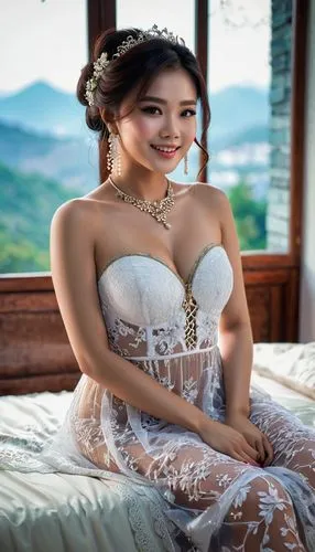 best quality, masterpiece, highres, plus-sized 1girl, transparent lace china dress, hair ornament, looking at viewer, smile, closed mouth,lips, dress,hair ornament, necklace, jewelry, chinese clothes,