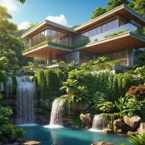 FALLING WATER STYLE HOUSE, IN A LUSH BACKGROUND SETTING,japanese architecture,tropical house,green waterfall,asian architecture,landscape designers sydney,aqua studio,beautiful home,luxury property,ho