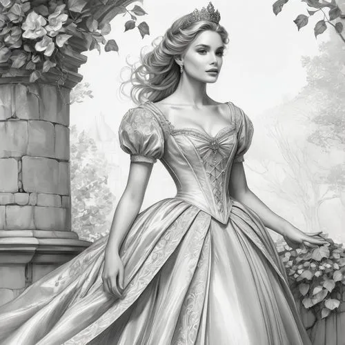 A highly detailed, realistic pencil or charcoal drawing on a white background, depicting an ethereal, regal young woman in a fantasy-inspired, fairy-tale setting, rendered with fine lines, cross-hatch