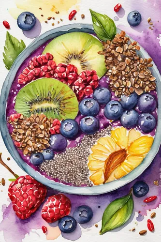 Acai breakfast superfoods smoothies bowl with chia seeds, pollen, goji stock photo,fruit plate,bowl of fruit,fruit mix,mix fruit,mixed fruit,acai bowl,fruit bowl,antioxidant,bowl of fruit in rain,mixe