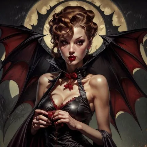 Gil Elvgren style vampire lady  , medium shot very detailed,  ,vampire lady,demoness,vampyre,vampyres,vampy,vampire woman,vampire,lilith,satana,vampiro,bedevil,devilish,devil,vampiric,devilishly,vampe