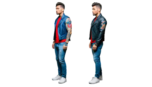 tattooed man, muscular arm, detailed sleeve tattoo, Japanese wave design, colorful koi fish, bold black lines, vibrant red and blue ink, ripped jeans, leather jacket, confident posture, intense gaze, 