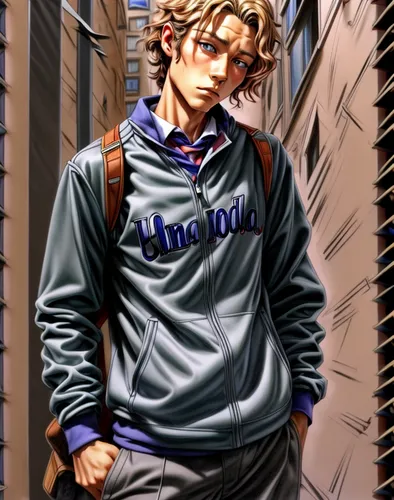 same preppy school boy drawn with colored inks and colored pencils ,anime japanese clothing,stylish boy,long-sleeved t-shirt,sweatshirt,hoodie,baseball uniform,baseball player,male character,school cl