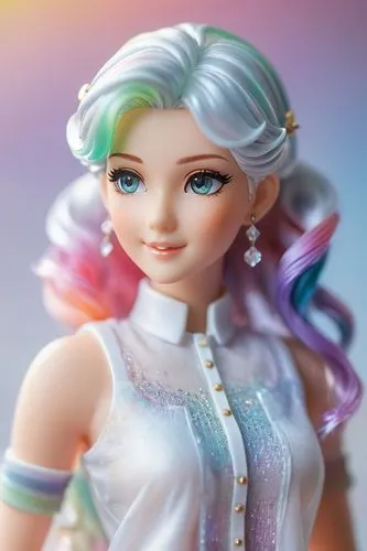 Beautiful fashion model with rainbow hair and preppy casual wear, ethereal dreamy mist, posing in a fashion pose. Kinship Magazine. Gentle smile,a doll wearing a colorful dress and white shirt,doll's 