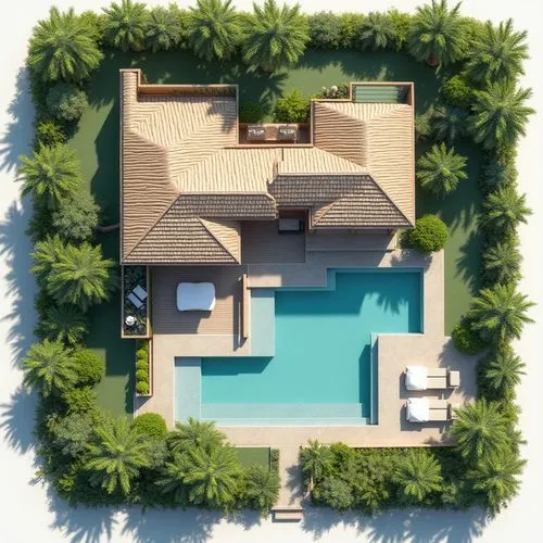 3D siteplan at 45 degrees above horizon for 1 acre lot with 5000 sf modern beach house with house, pool, garage tropical landscaping


,an aerial view of an pool and house,pool house,holiday villa,flo