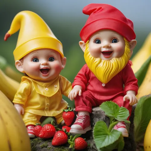 2 small plastic dolls, with a face and body made of plastic, wear a yellow shirt, wear red pants, wear a red fabric hat like a gnome's, and wear red shoes, sit on a large yellow banana, and laugh, hol