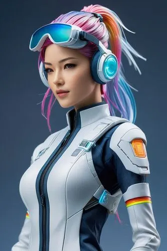 Beautiful Japanese fashion model with rainbow hair and preppy casual wear, ethereal dreamy mist, posing in a fashion pose. Kinship Magazine. Gentle smile,the young woman is wearing headphones and whit