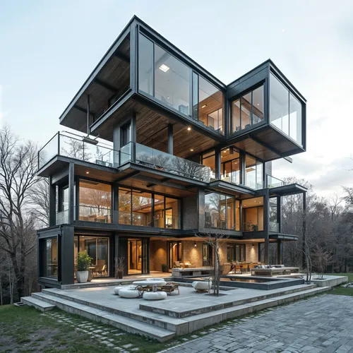A dramatic design that emphasizes tension and balance, featuring cantilevered elements, exposed supports, and suspended sections,a glass fronted house with an outdoor patio,cubic house,modern architec