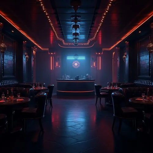 Dark, luxurious nightclub, black walls, floor, ceiling, glossy finish, neon lights, strobe lights, laser beams, DJ booth, turntables, mixing console, loudspeakers, VIP area, velvet ropes, metallic acc