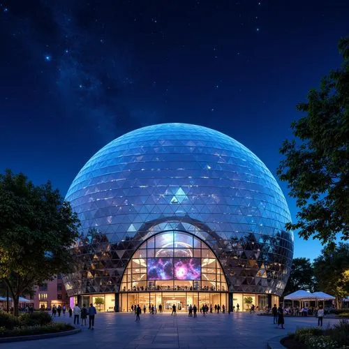 Geodesic dome, sleek metallic facade, dynamic LED lighting, futuristic architecture, international style, planetarium interior, astronomical exhibits, interactive displays, immersive experiences, dark
