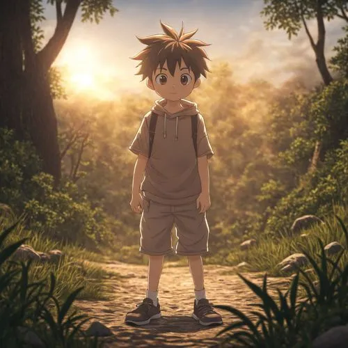 a child in the forest with sunlight behind him,gon,arrietty,haibara,digidestined,takato,eguren,Time,Afternoon