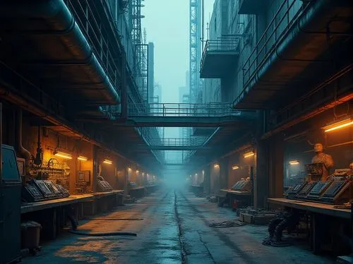 Industrial factory backdrop, metallic machinery, neon-lit catwalks, exposed pipes, futuristic control panels, robotic assembly lines, steel beams, concrete floors, urban cityscape, smoggy atmosphere, 