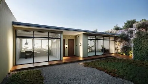 an outside view of a modern home that's lit up,fresnaye,landscape design sydney,neutra,landscape designers sydney,garden design sydney,eichler,showhouse,3d rendering,modern house,dunes house,revit,cor