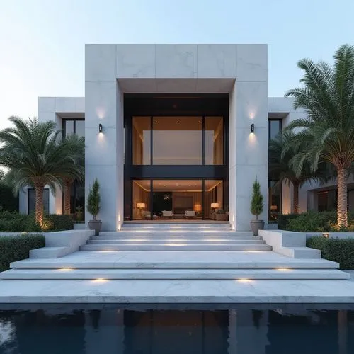 A hyper-realistic, high-resolution architectural photograph capturing a grand, ultra-modern luxury mansion at twilight. The building’s façade is composed of smooth white stone panels contrasted with s