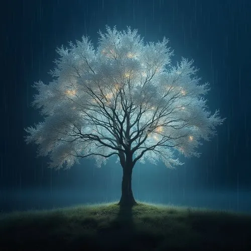 The tree has leaves like white clouds and its rain is its fruit.,a very pretty tree in the middle of the rain,isolated tree,lone tree,birch tree background,magic tree,bare tree,winter tree,painted tre