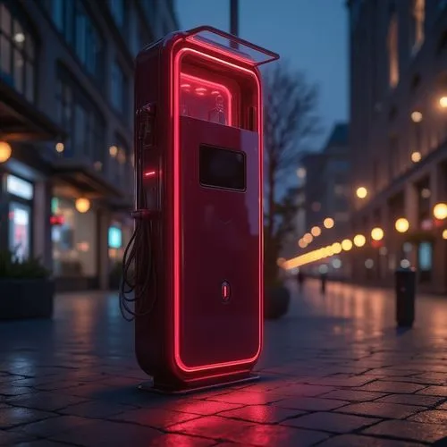 Burgundy charging station, modern futuristic design, sleek metal structure, rounded edges, LED lights strip underneath, burgundy color accents, glass top surface, chrome details, urban cityscape backg
