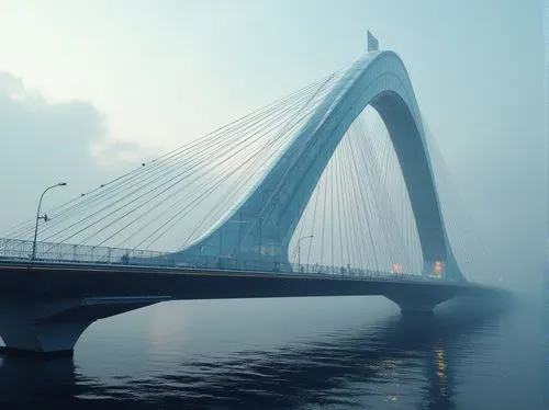 Futuristic bridge design, sleek metal arches, suspended cable systems, gleaming steel beams, minimalist piers, modern high-tech aesthetics, dynamic lighting effects, neon-lit accents, reflective glass