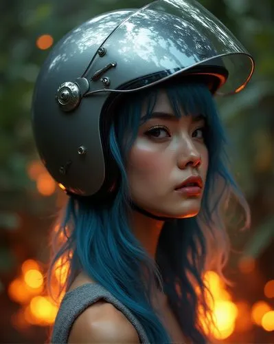 Beauty editorial shot, studio light, thailand super model in silver motorcycle helmet, blue hair, jungle background, imagery of Slow-moving fire crystal flows or glowing, molten material


,a woman wi