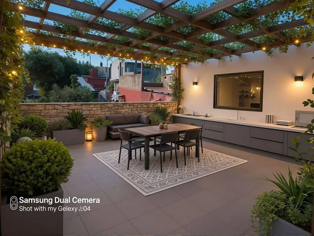 an outdoor patio area with dining tables and chairs
