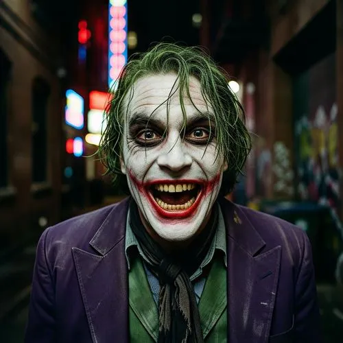 "Un primer plano del Joker, con una expresión maniaca mientras mira directamente a la cámara y se ríe a carcajadas. Su rostro está iluminado por una luz tenue y dramática, resaltando su piel blanca, l