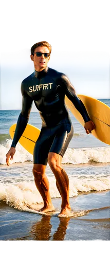 Surfing man, athletic build, short hair, sunglasses, muscular arms, strong legs, beach shorts, surfing wetsuit, holding surfboard, riding wave, jumping out of water, action shot, golden hour lighting,