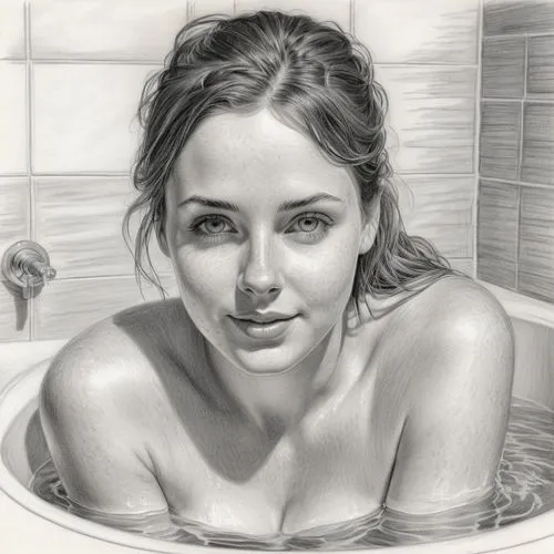 Pencil drawing of a thirty-five year old Australian thirty-five year old girl 35 years old bathing, ,the young woman is posing in the water,the girl in the bathtub,bathtub,tub,pencil drawings,pencil d