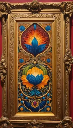 Oil painting, realistic style, intricate details, vibrant colors, framed artwork, golden frame, ornate patterns, gallery lighting, soft focus, shallow depth of field, warm color palette, textured brus