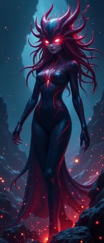 Anime, wide shot, tentacle hair, extra eyes, demonic evil venom squid alien, venom intricate, tentacle hair, red intricate glowing eyes, venom, cosmic goddess, suit made out of stars and galaxies and 