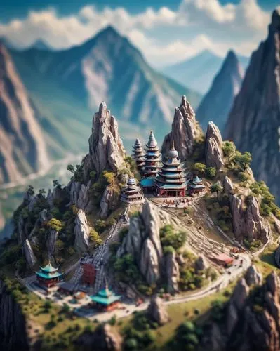 Game Scene Design, wild Angle View,mountain settlement,mountain village,alpine village,monasteries,mongolia mnt,mountain world,mountainous landscape,tilt shift,ancient city,tianchi,mountain huts,mount