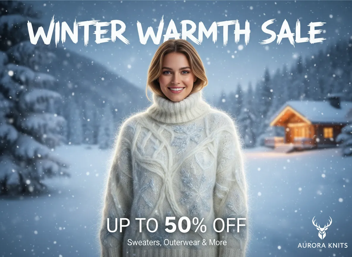 Poster di marketing professionale per una svendita invernale con una modella che indossa un maglione di lana a maglia iperrealistica generata da AI.