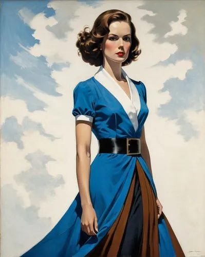 An enigmatic digital illustration: A woman with a vibrant blue dress, adorned in a black belt, and a white collar stands tall. Her gaze, directed sideways, adds mystery; her brown hair adds a splash o