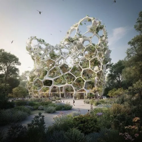 An architectural marvel inspired by natural forms and organic structures. shapes of plant cells, beehives, coral reefs, blends with its surroundings. Use of biomimicry, sustainable materials, and ener