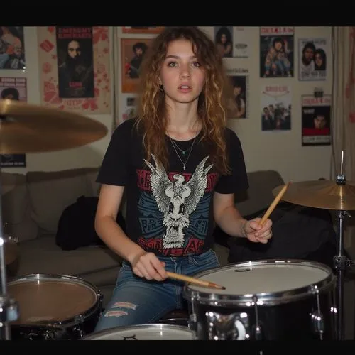 A teenage girl playing the drums in her garage, her rhythm precise and powerful. She’s wearing a graphic band tee and ripped jeans, with posters of legendary rock bands taped to the walls behind her.,