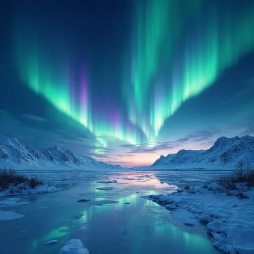 masterpiece, best quality, ultra-detailed photorealistic landscape painting, spectacular aurora borealis with vivid green and purple lights filling the night sky over a vast, snow-covered arctic lands