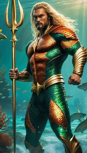 Aquaman, half-human half-fish, muscular male, shiny scales, green and orange armor, long blonde hair, strong facial features, holding a trident, standing in the ocean, coral reef, seaweed, schools of 