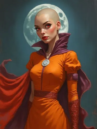 A stunningly detailed oil painting: a bald-iron nurse, with perfect details of his skin and body, shrouded in a brilliant orange gown. The illustration is a testament to the artist's meticulous crafts