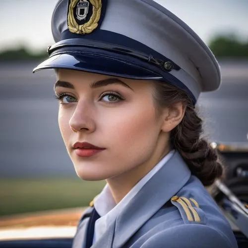 A gorgeous 21 years old woman in light-grey navy dress uniform before  dark-blue 1944 U.S. Navy Lincoln Staff Car ,servicewoman,policewoman,aviatrix,ilsa,stewardess,lieutenant,neerja,beret,opel captai