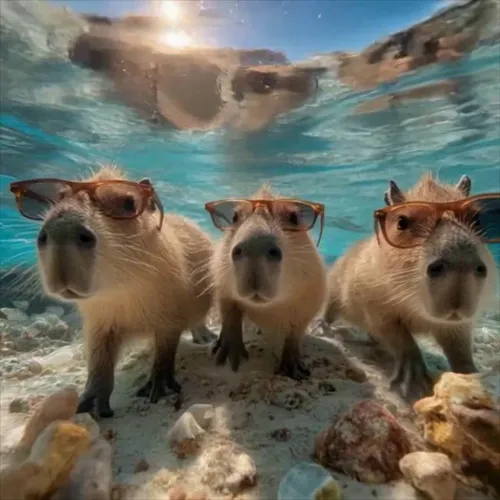 The three capybaras in the picture keep swimming fast in the direction of the camera, the camera pulls away as they get closer, the one in the middle swims faster, the other two follow the one in the