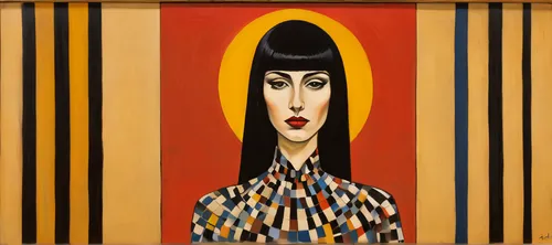Portrait of a woman with black hair, style of Yaacov Agam,girl-in-pop-art,art deco woman,cigarette girl,art dealer,tura satana,woman sitting,the mona lisa,woman's face,pop art woman,cleopatra,portrait