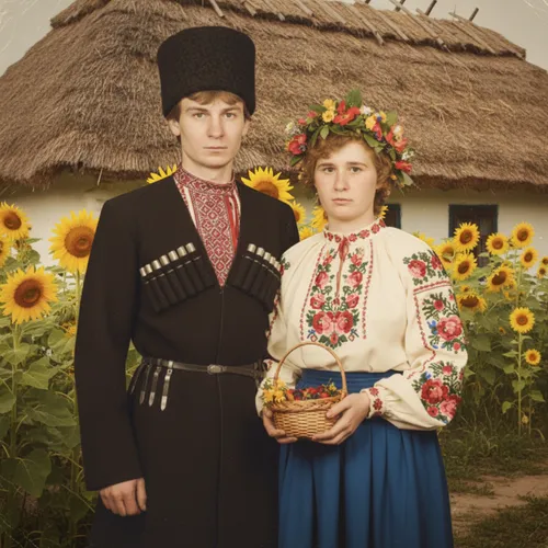 there is a man and woman that are standing in front of a field,folk costume,folk costumes,traditional costume,cossacks,vintage man and woman,czarist
