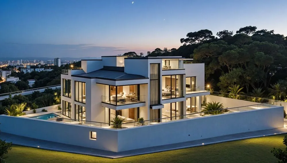 a lit up home in the evening