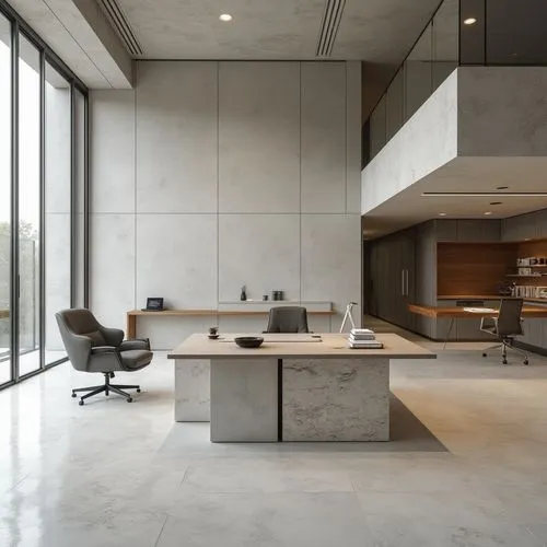 ,a large, white room with an executive desk,minotti,modern kitchen interior,modern kitchen,modern office,corian,modern minimalist kitchen,associati,concrete ceiling,exposed concrete,travertine