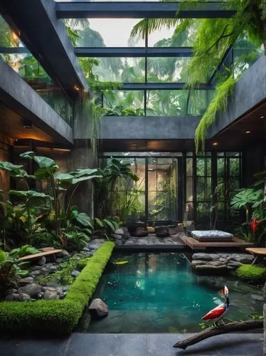 Aviary, modern architecture, sleek lines, minimalist design, large glass panels, steel beams, wooden accents, lush greenery, tropical plants, exotic birds perched on branches, misty atmosphere, soft n