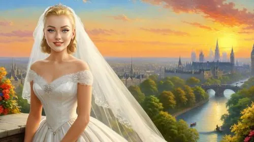 Romantic masterpiece oil painting, 1950's kitsch style, London cityscape sunset, bridal veil, high res, by Thomas Kinkade, by Bob Ross,a barbie doll wearing a white dress in a painting,blonde in weddi