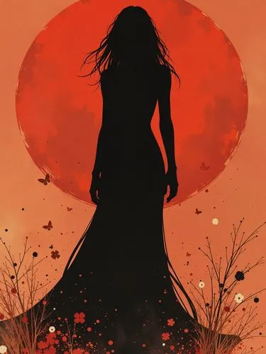 black,black,woman silhouette,silhouette,silhouette art, silhouette,red sun,mermaid silhouette