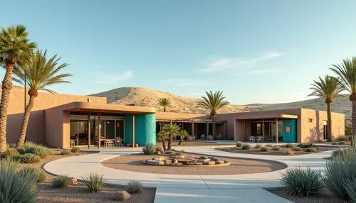 Desert community center, modern architecture, curved lines, large windows, adobe-inspired exterior walls, vibrant turquoise accents, palm trees surrounding, outdoor seating area, shaded walkways, wate